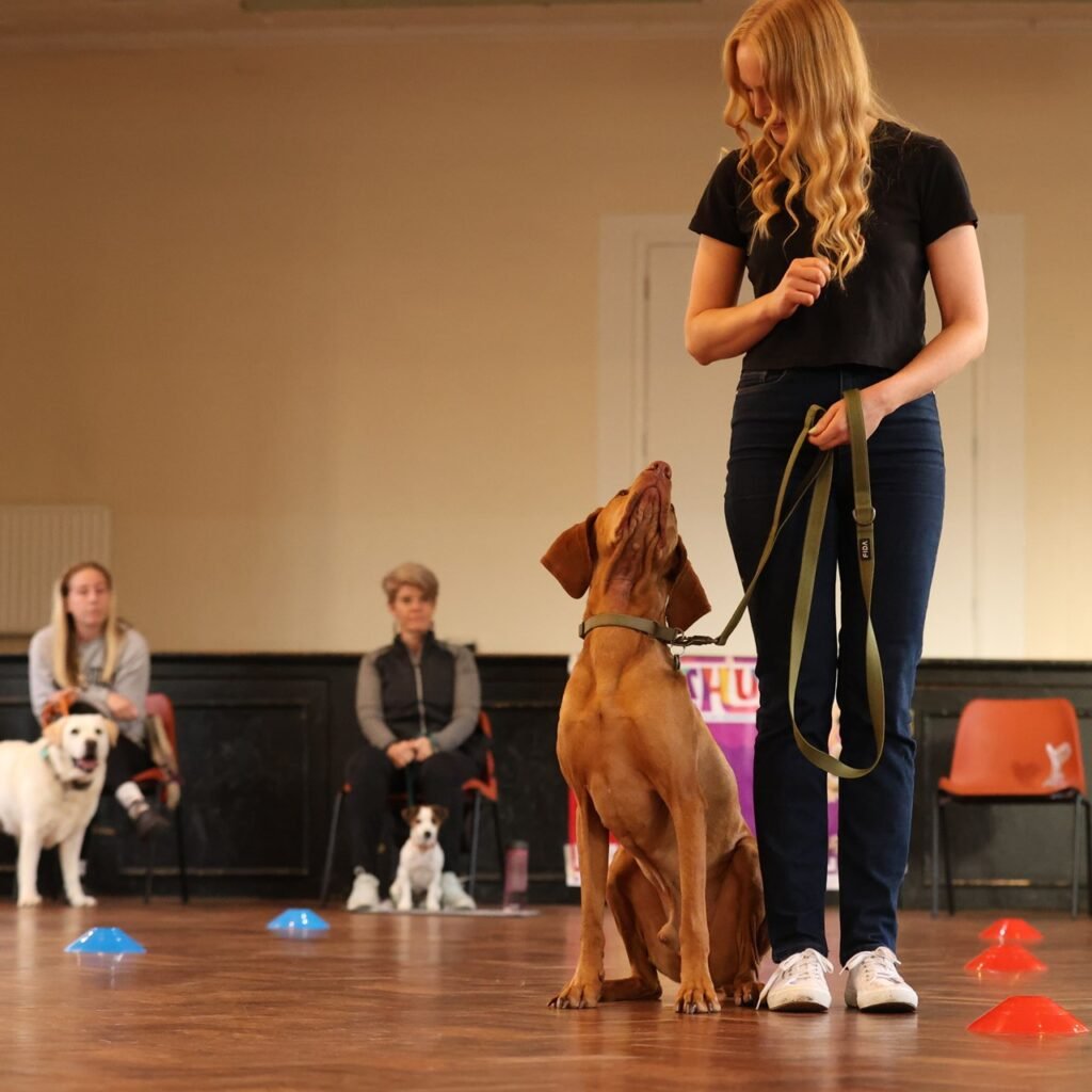 A trainer standing beside her dog